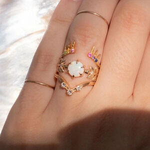 🌸 Dainty Opal CZ Gold Plated Beautiful Fashion Leaf Trendy Ring UNVN12038